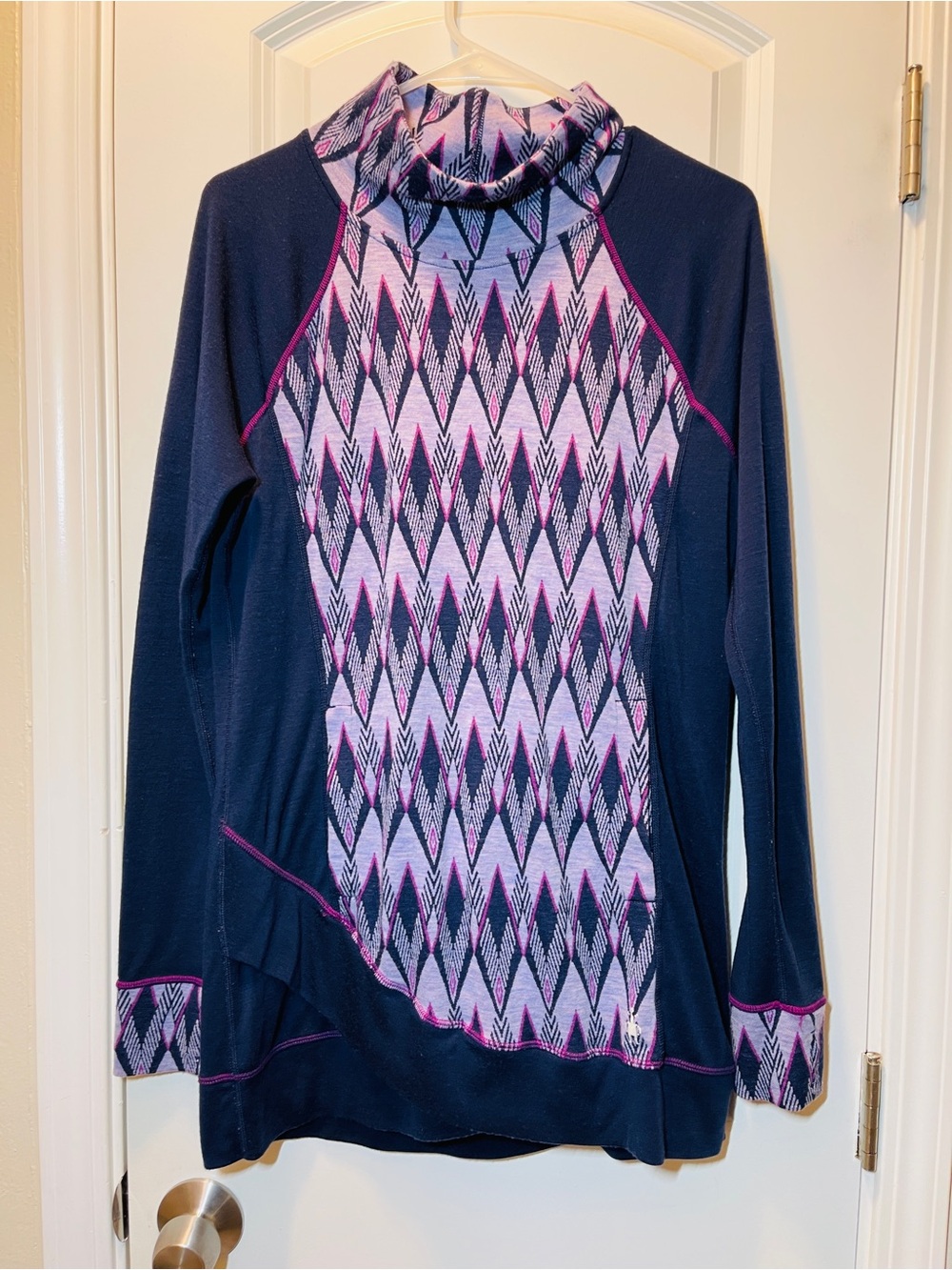 Smartwool Navy and Pink Geometric Mock Neck Long Sleeve Top
